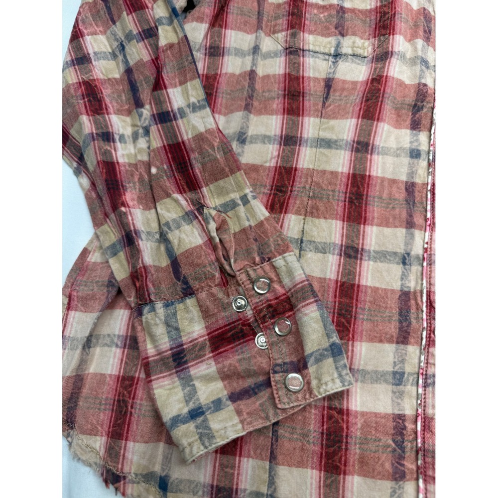 Rue21 Womens XL Red Tan Plaid Western Snap Front Frayed Hem Cotton Shirt - Picture 4 of 9